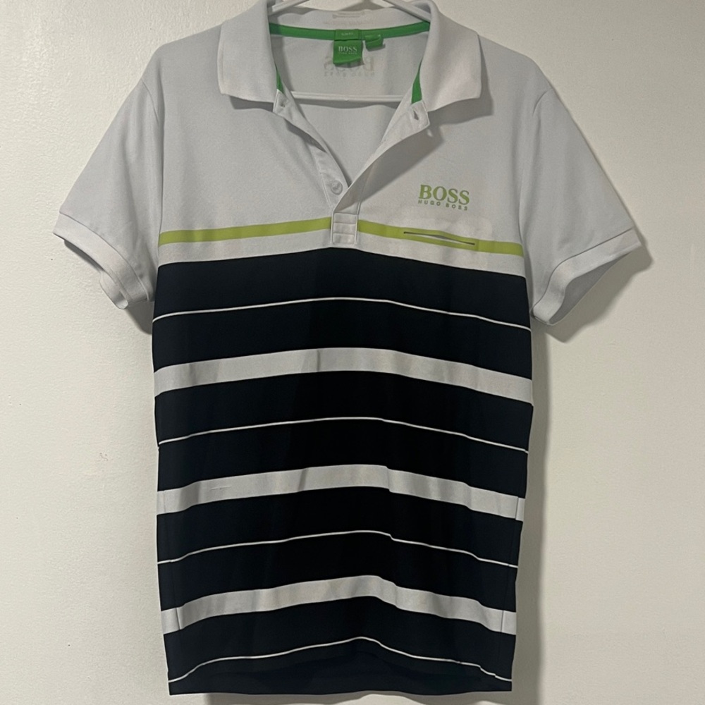 Hugo Boss Navy and White Striped Polo